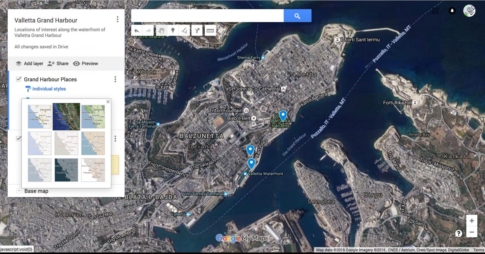 The edit view of working with Google My Maps
